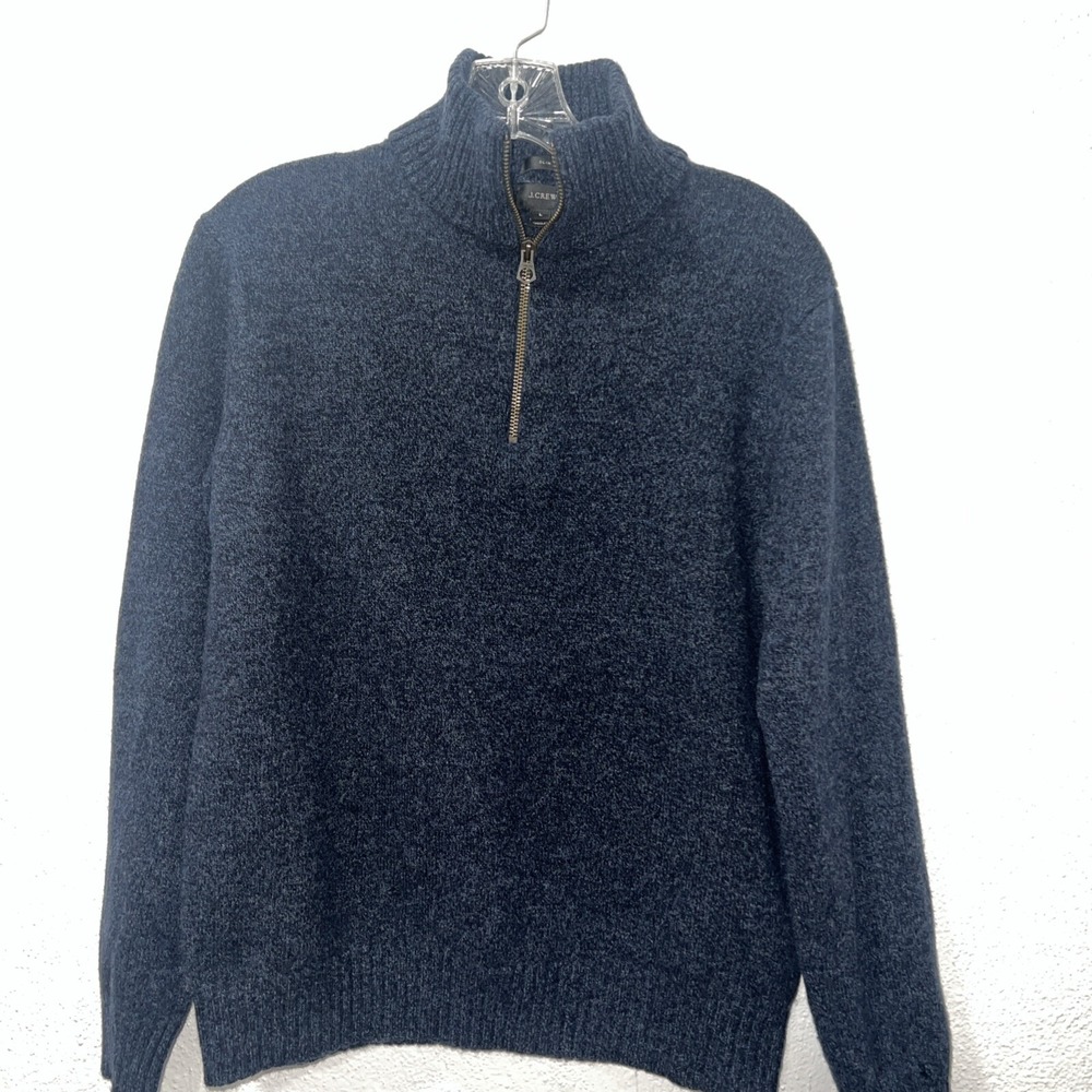 J. Crew Men 1/4-Zip Sweater Large Navy Blue 100% Lambs Wool Knit Mock Neck